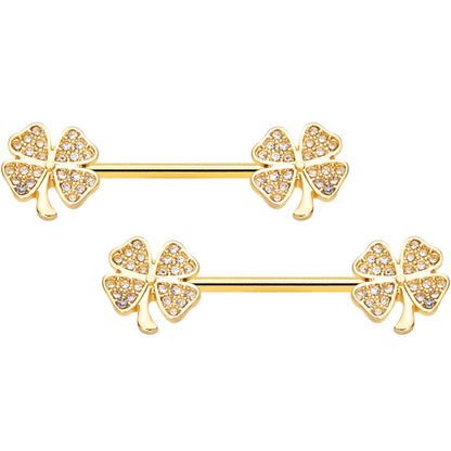 14G 9/16 Clear Gem Gold Tone Shamrock Barbell Nipple Ring Set
