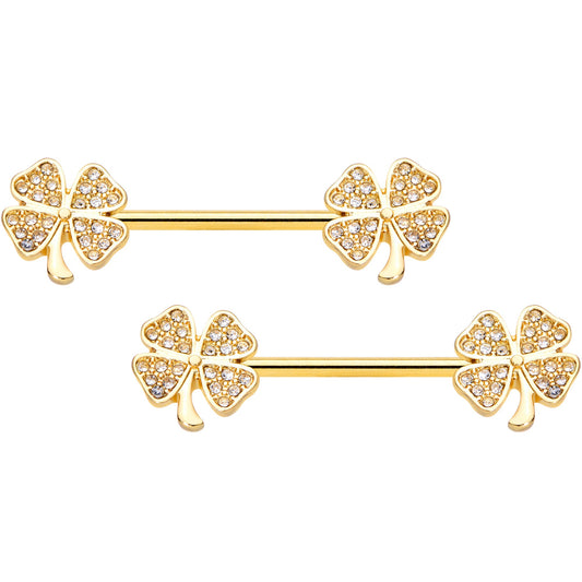 14G 9/16 Clear Gem Gold Tone Shamrock Barbell Nipple Ring Set