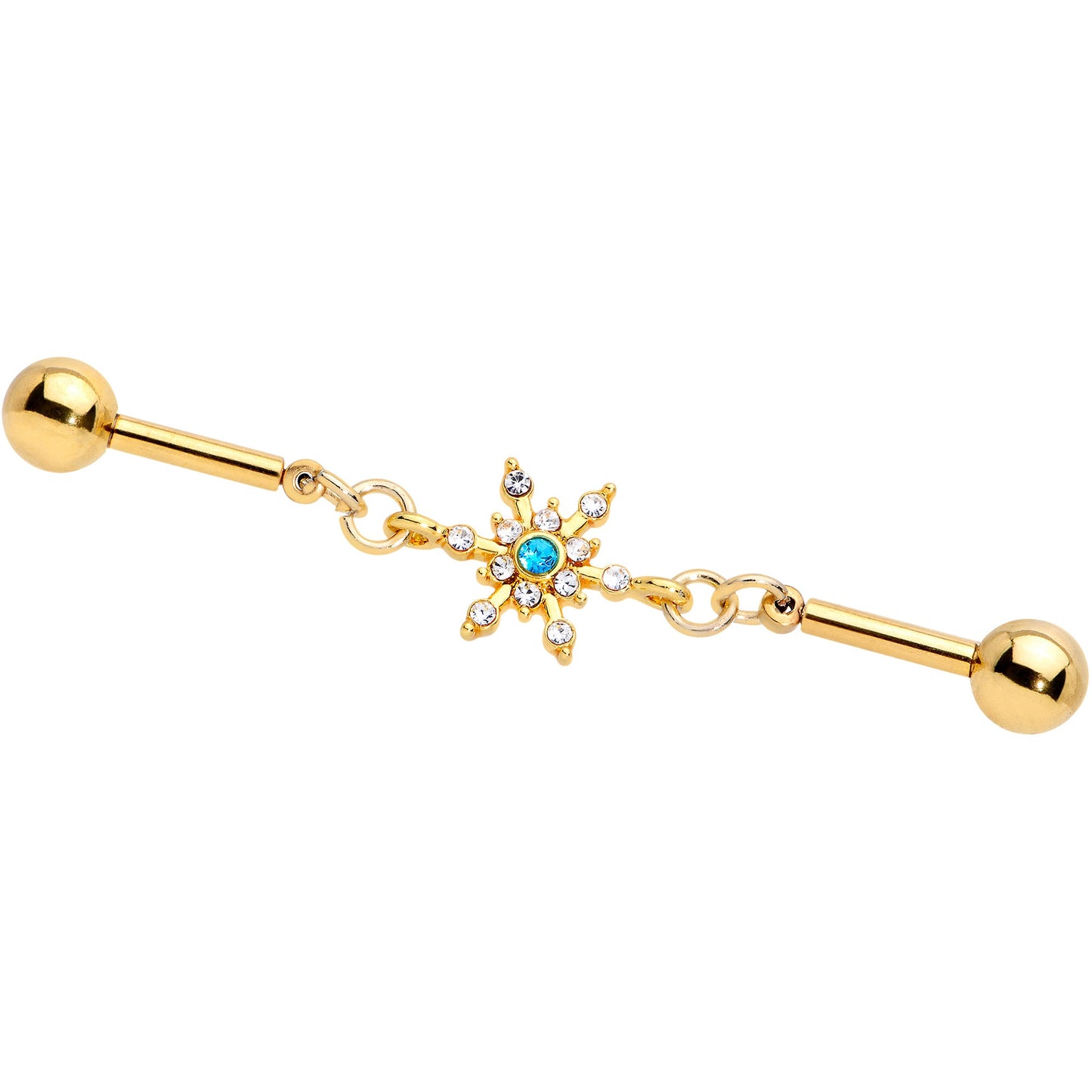 14G Blue CZ Gem Gold Hue Snowflake Double Industrial Barbell 38mm