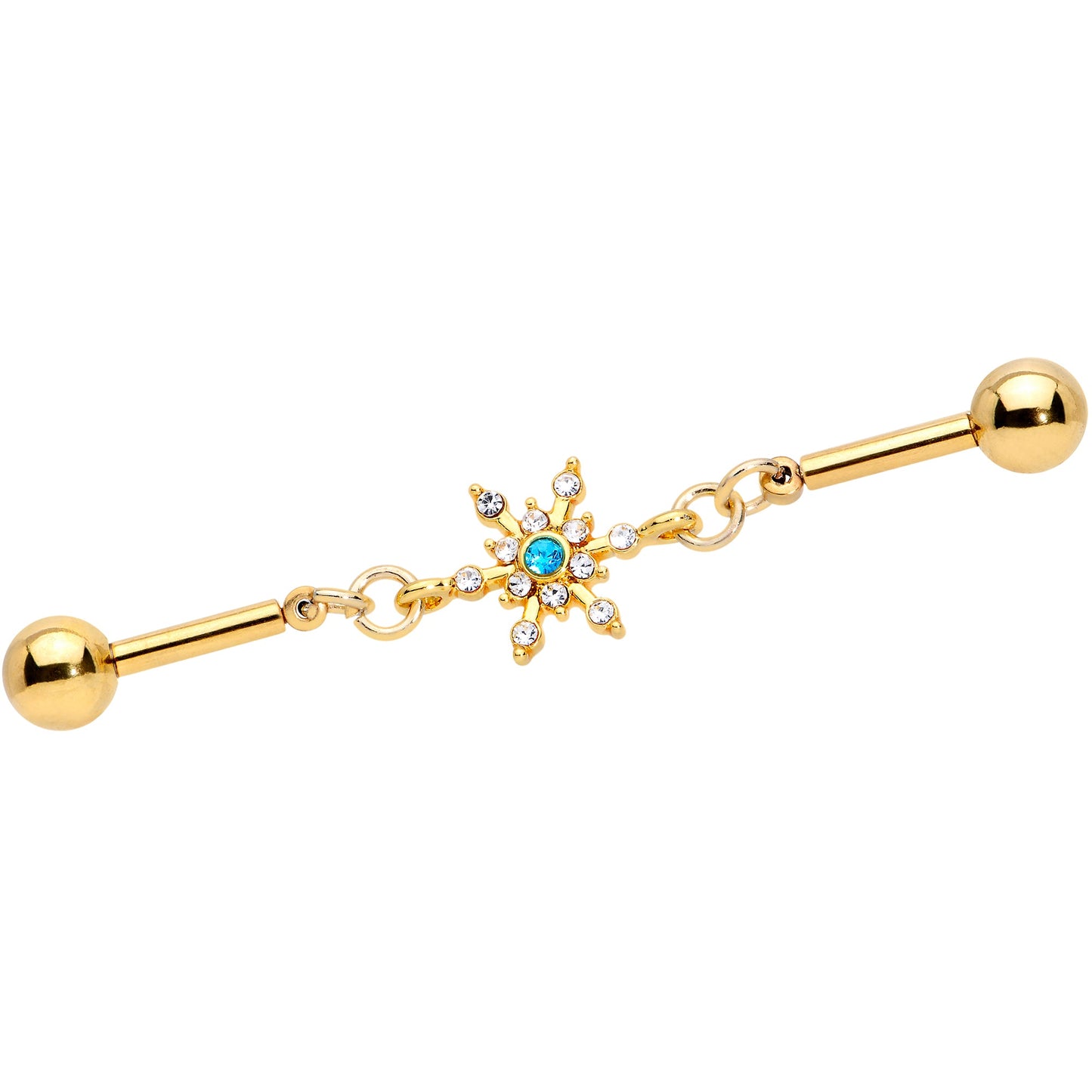 14G Blue CZ Gem Gold Hue Snowflake Double Industrial Barbell 38mm
