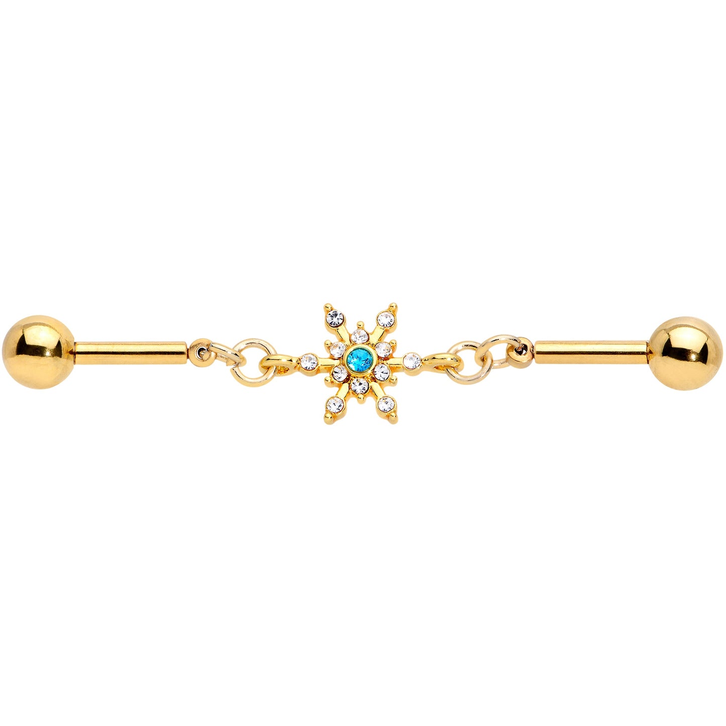 14G Blue CZ Gem Gold Hue Snowflake Double Industrial Barbell 38mm