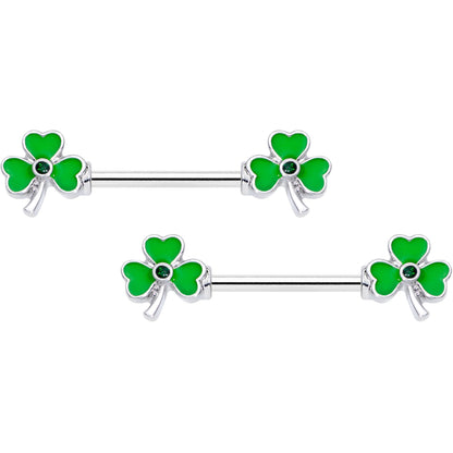 14G 5/8 Black Gem Green St Pats Shamrock Barbell Nipple Ring Set