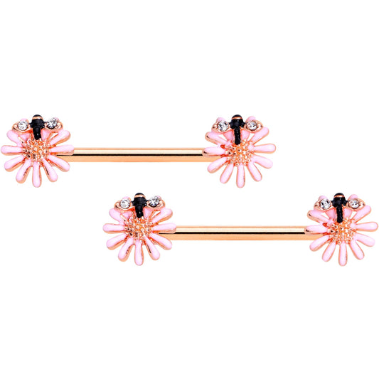 14G 9/16 Clear Gem Rose Gold Hue Daisy Bee Nipple Ring Set