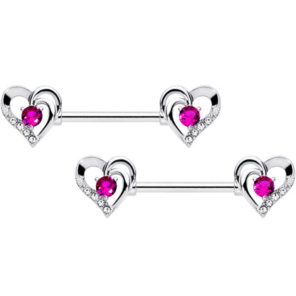 14G 9/16 Pink Gem Heart Valetines Day Barbell Nipple Ring Set