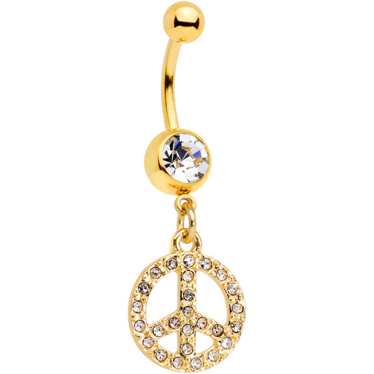 Clear Gem Gold Tone Peace Sign Dangle Belly Ring