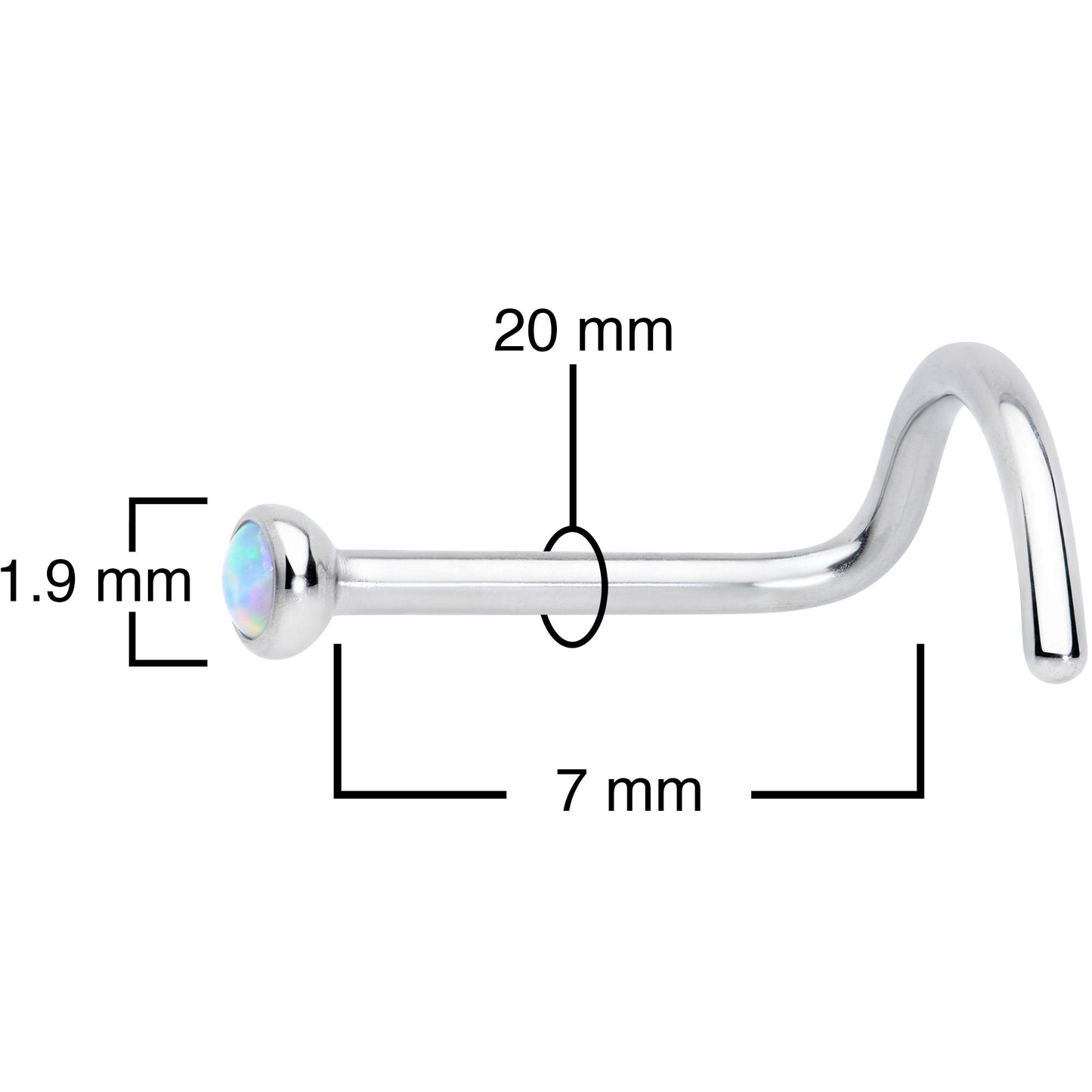 20G 7mm White 2mm Synthetic Opal Titanium Left Nose Ring Screw