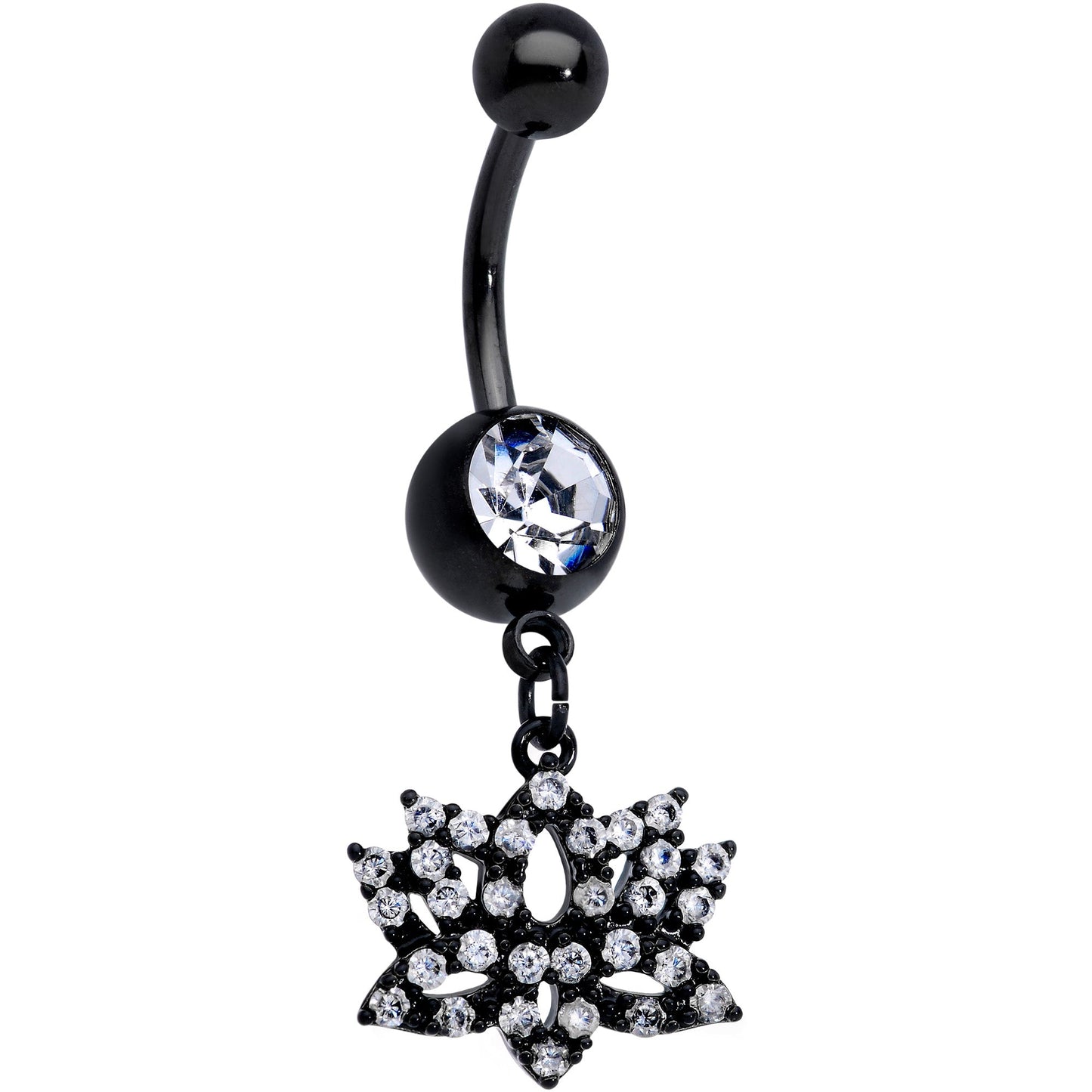Clear CZ Gem Black Lotus Flower Dangle Belly Ring