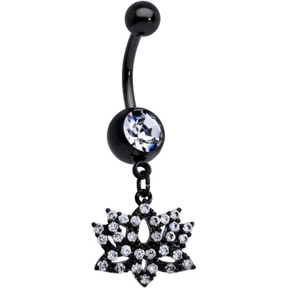Clear CZ Gem Black Lotus Flower Dangle Belly Ring