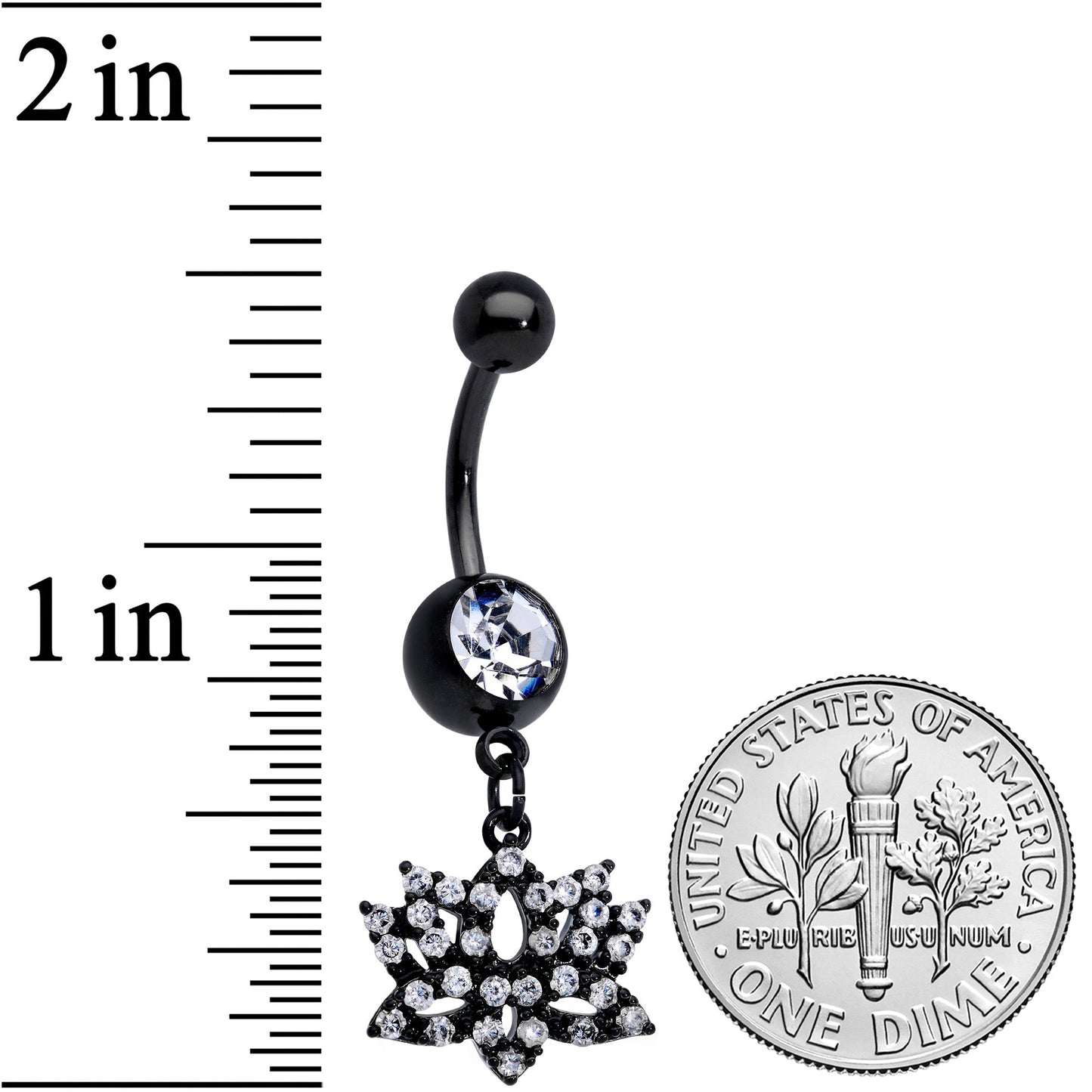 Clear CZ Gem Black Lotus Flower Dangle Belly Ring