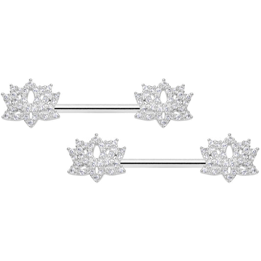 14G 9/16 Clear CZ Gem Lotus Flower Nipple Ring Set
