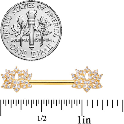 14G 9/16 Clear CZ Gem Gold Tone Lotus Flower Nipple Ring Set