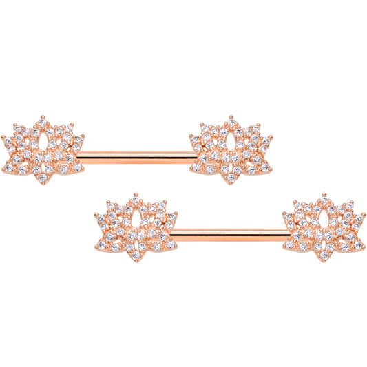14G 9/16 Clear CZ Gem Rose Gold Tone Lotus Flower Nipple Ring Set