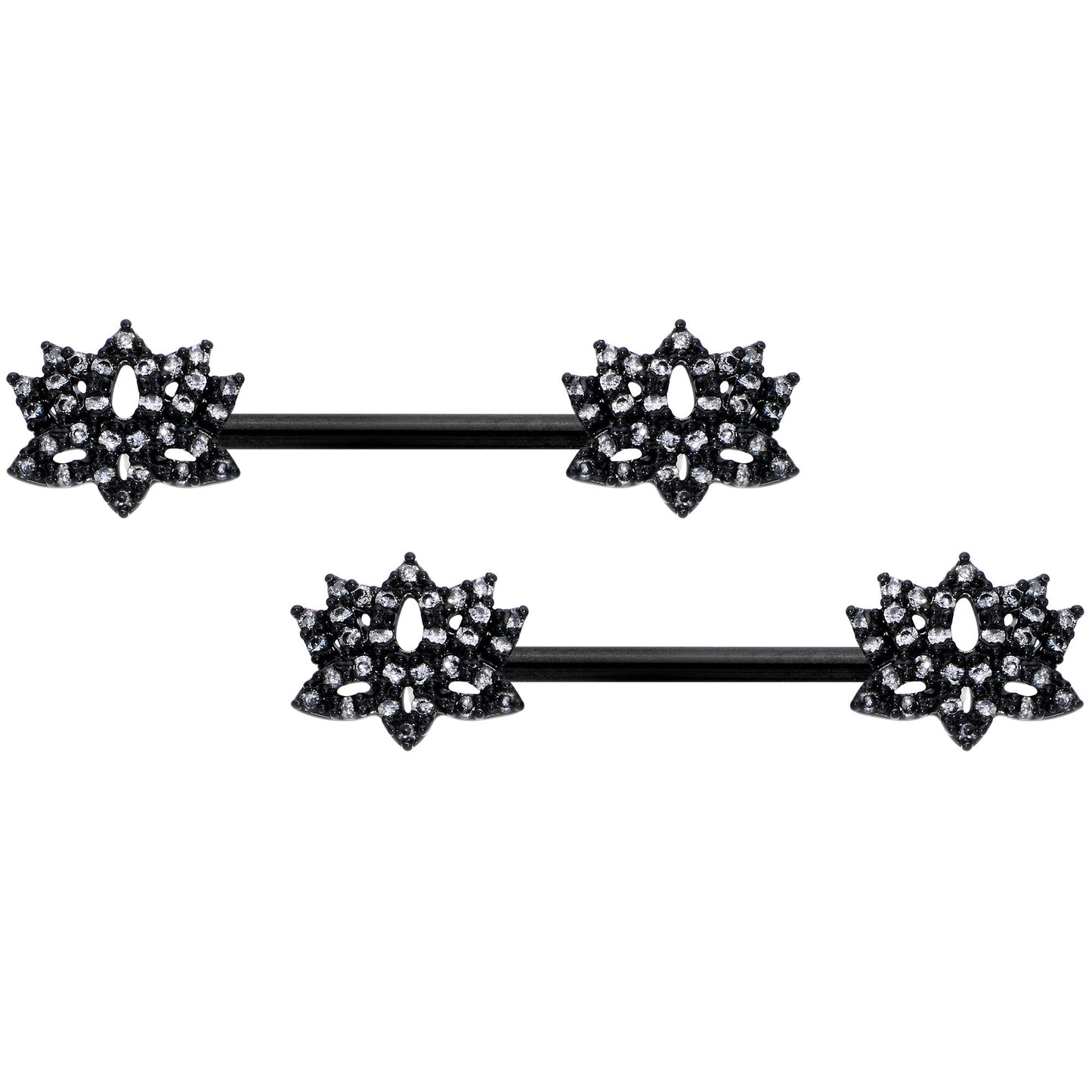 14G 9/16 Clear CZ Gem Black Lotus Flower Nipple Ring Set