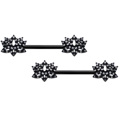 14G 9/16 Clear CZ Gem Black Lotus Flower Nipple Ring Set