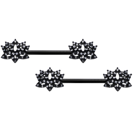 14G 9/16 Clear CZ Gem Black Lotus Flower Nipple Ring Set