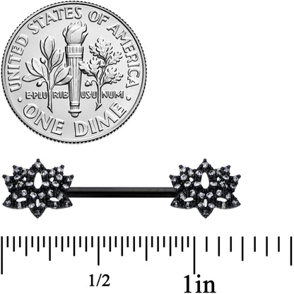 14G 9/16 Clear CZ Gem Black Lotus Flower Nipple Ring Set