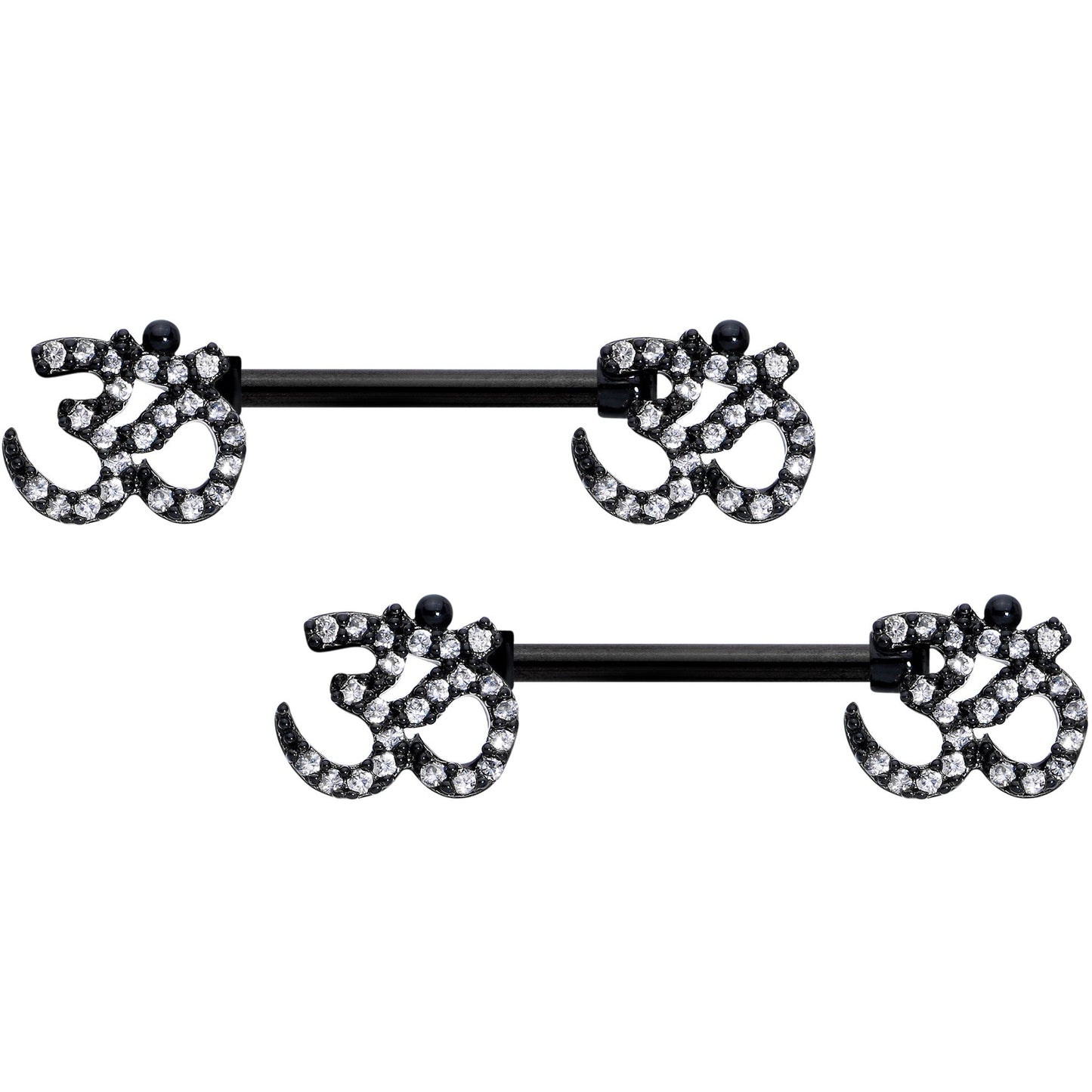 14G 9/16 Clear CZ Gem Black Amazing Om Barbell Nipple Ring Set