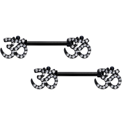 14G 9/16 Clear CZ Gem Black Amazing Om Barbell Nipple Ring Set