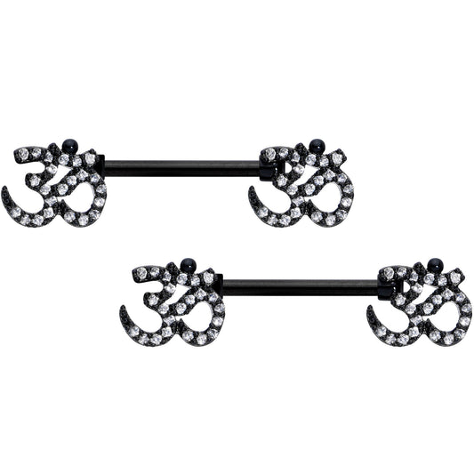 14G 9/16 Clear CZ Gem Black Amazing Om Barbell Nipple Ring Set