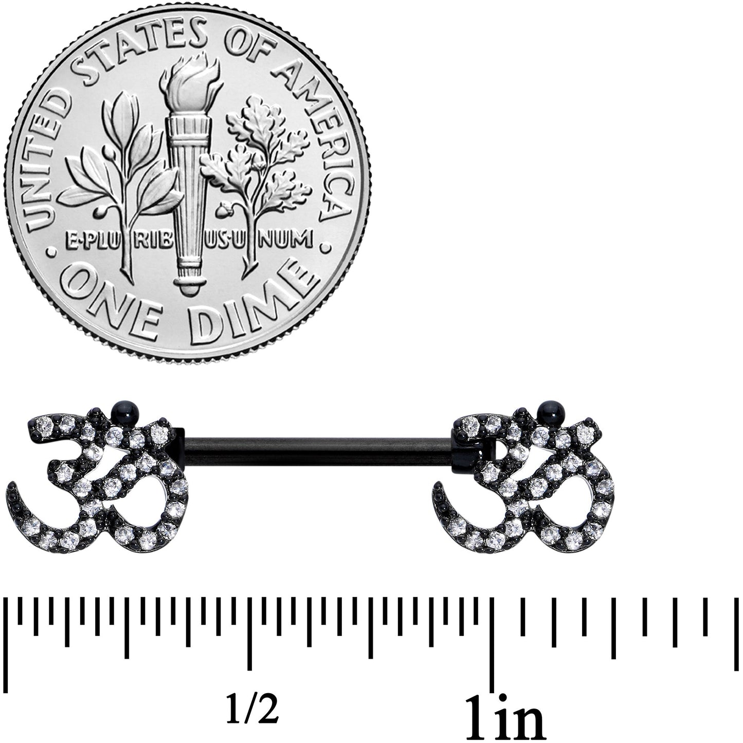 14G 9/16 Clear CZ Gem Black Amazing Om Barbell Nipple Ring Set