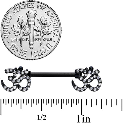 14G 9/16 Clear CZ Gem Black Amazing Om Barbell Nipple Ring Set