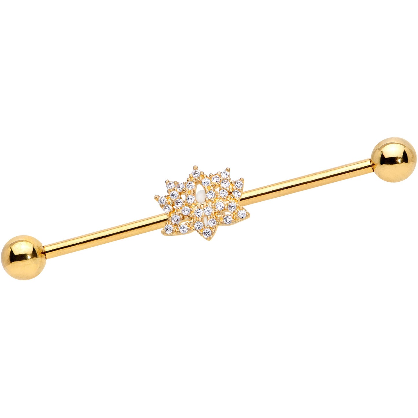14G Clear CZ Gem Gold Tone Lotus Flower Industrial Barbell 38mm