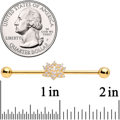14G Clear CZ Gem Gold Tone Lotus Flower Industrial Barbell 38mm
