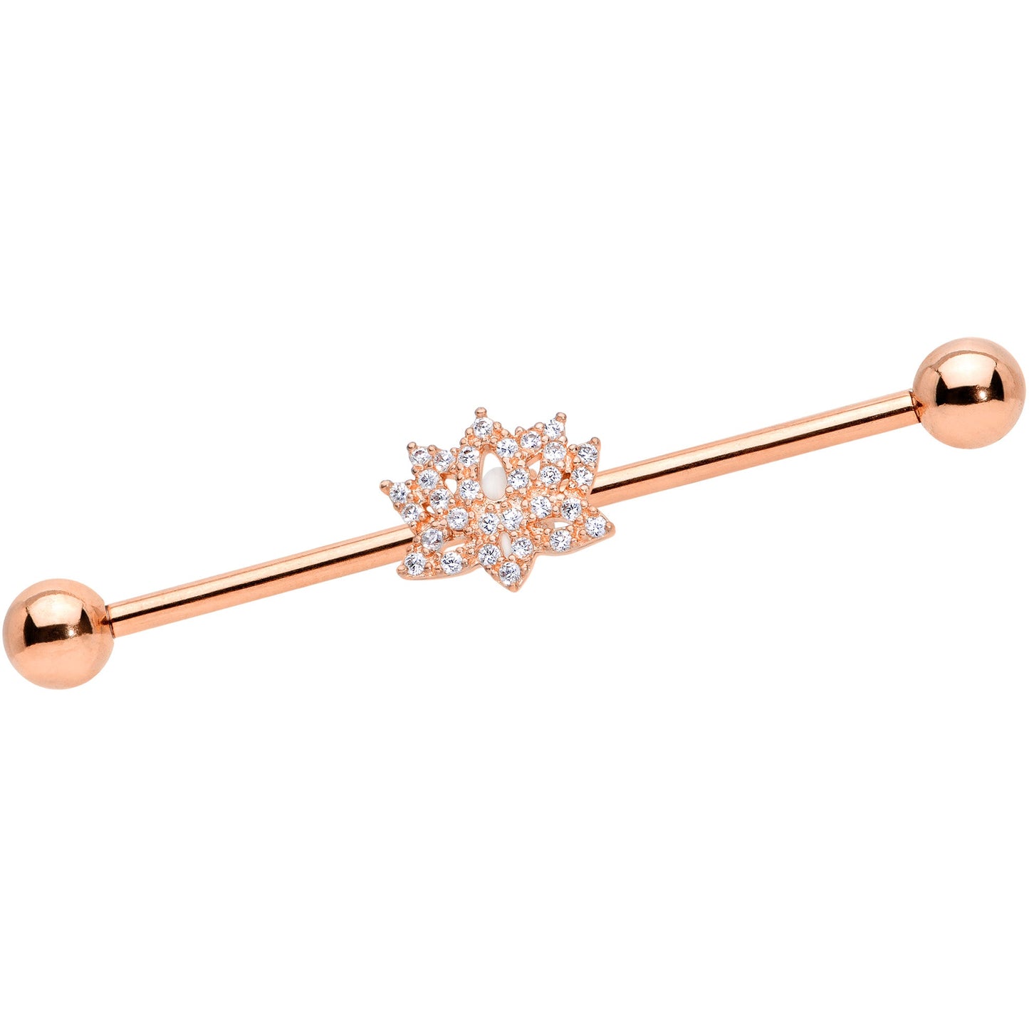 14G Clear CZ Gem Rose Gold Tone Lotus Industrial Barbell 38mm