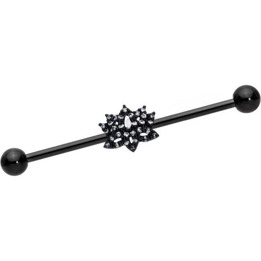 14G Clear CZ Gem Black Lotus Flower Industrial Barbell 38mm