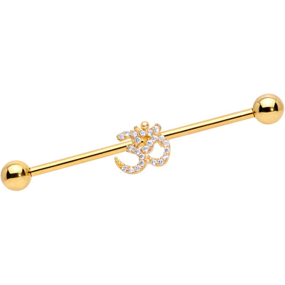 14G Clear CZ Gem Gold Tone Amazing Om Industrial Barbell 38mm
