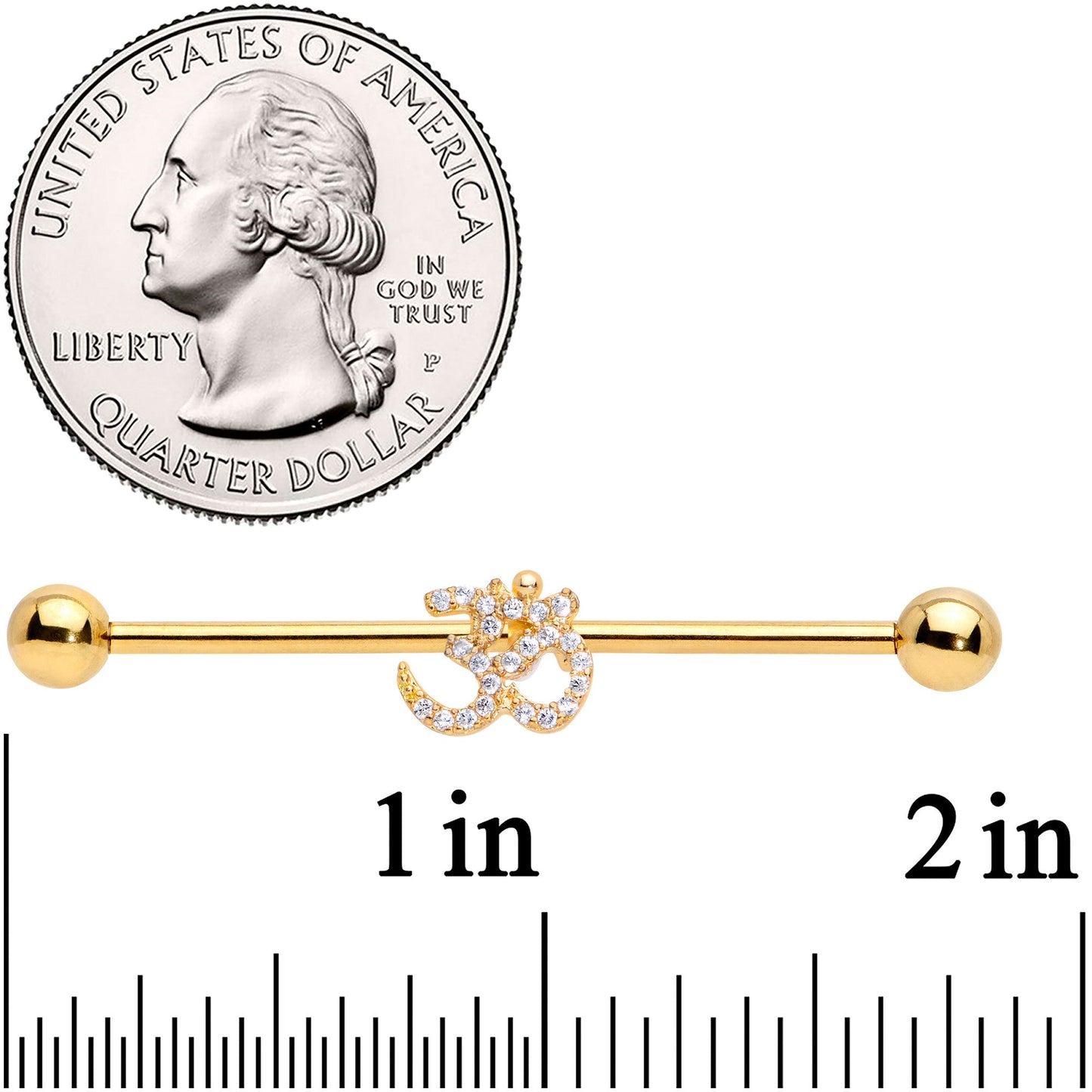 14G Clear CZ Gem Gold Tone Amazing Om Industrial Barbell 38mm