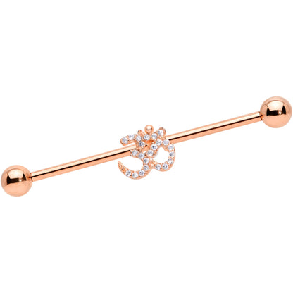 14G Clear CZ Gem Rose Gold Hue Amazing Om Industrial Barbell 38mm