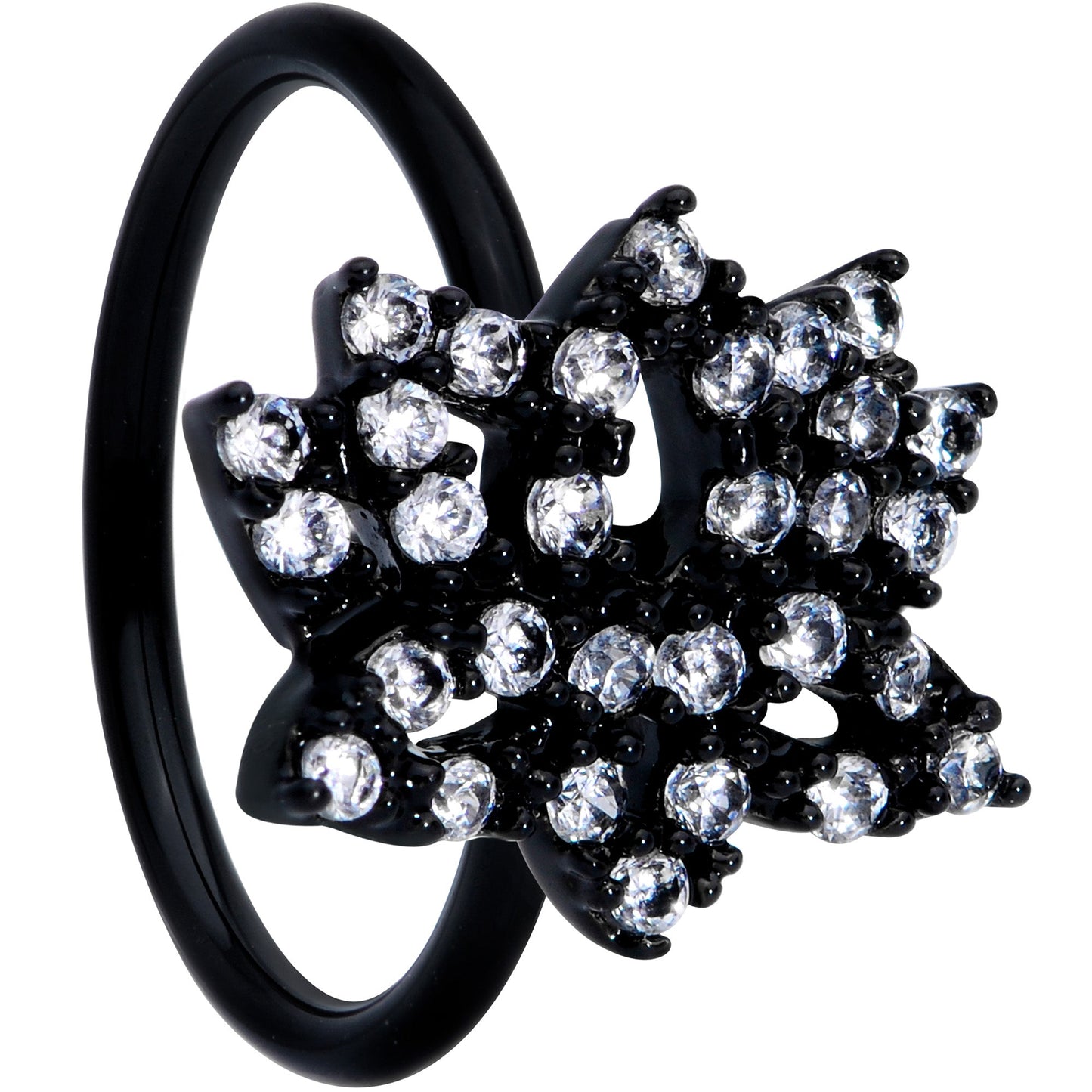 18G 3/8 Clear CZ Gem Black Lotus Flower Nose Hoop