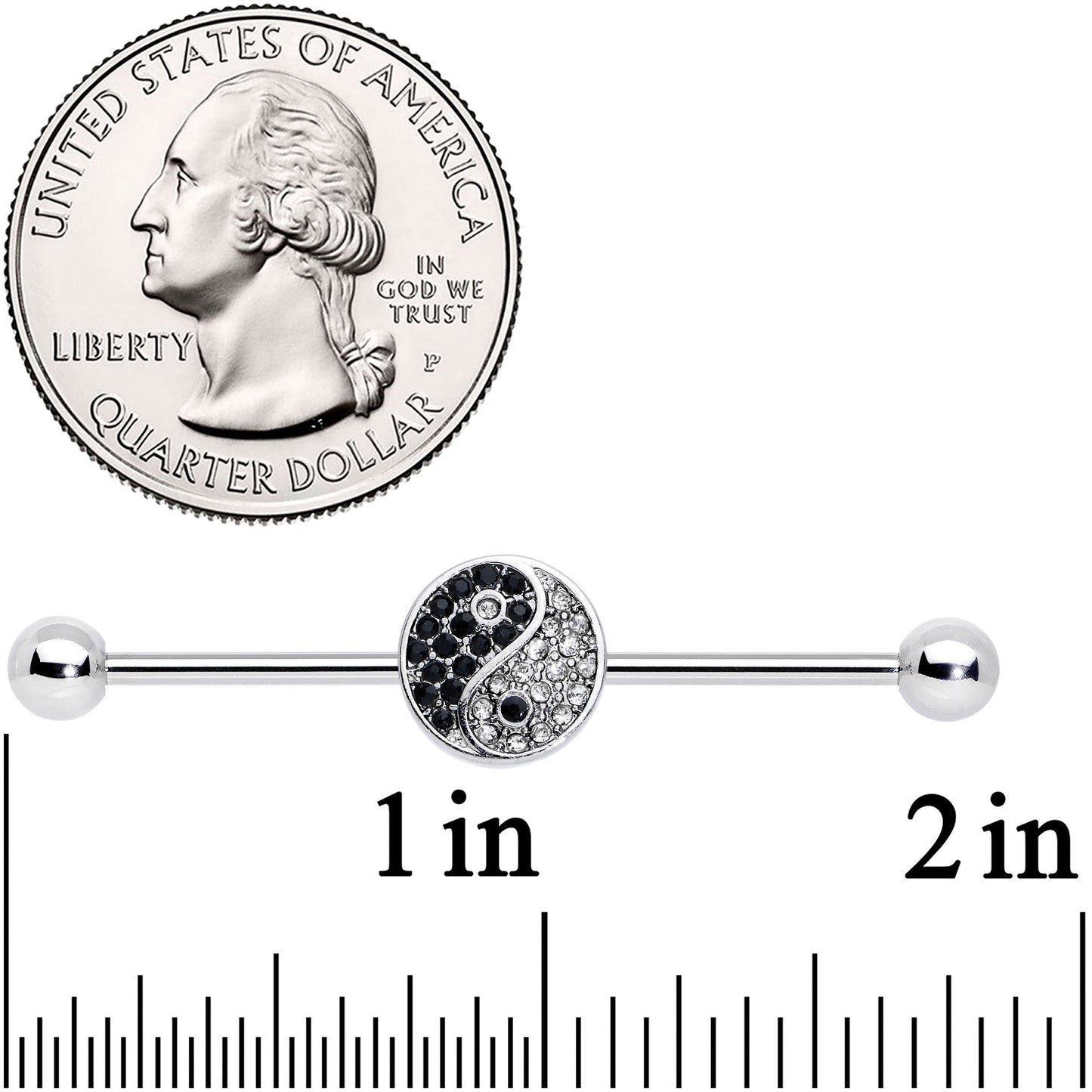 14G Clear Black Gem Yin Yang Industrial Barbell 38mm