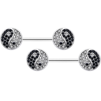 14G 9/16 Clear Black Gem Yin Yang Barbell Nipple Ring Set