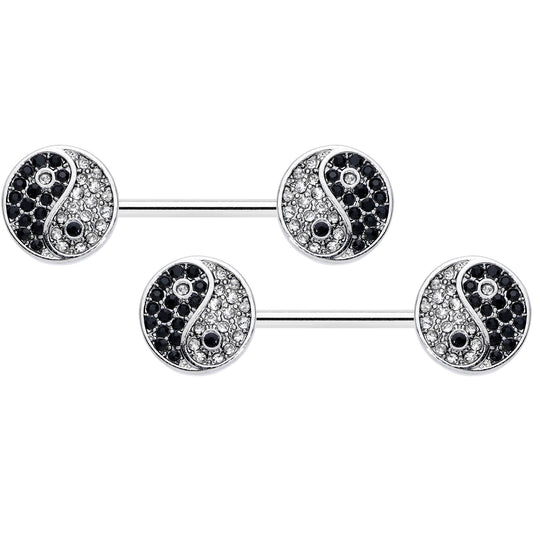 14G 9/16 Clear Black Gem Yin Yang Barbell Nipple Ring Set