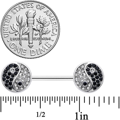 14G 9/16 Clear Black Gem Yin Yang Barbell Nipple Ring Set
