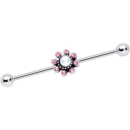 14G Pink Gem Pearlescent Flower Industrial Barbell 38mm