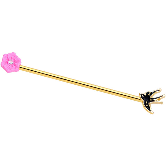 14G Clear Gem Gold Tone Bird Flower Industrial Barbell 38mm