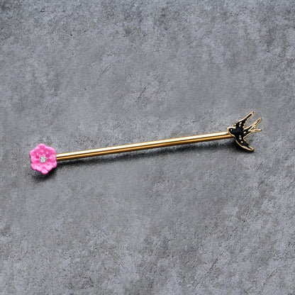 14G Clear Gem Gold Tone Bird Flower Industrial Barbell 38mm