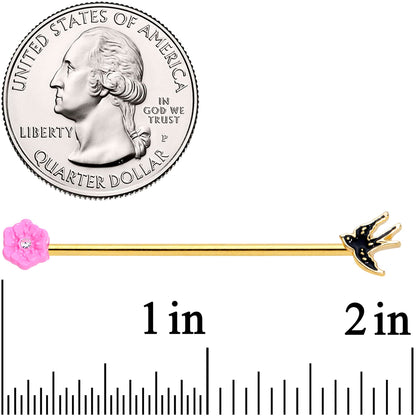 14G Clear Gem Gold Tone Bird Flower Industrial Barbell 38mm