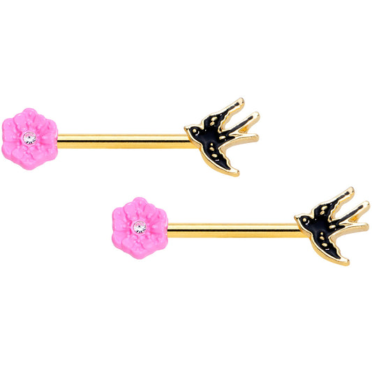 14G 9/16 Clear Gem Gold Hue Tattoo Bird Flower Nipple Ring Set