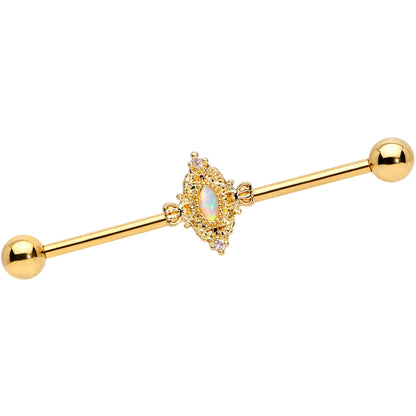 14G White Synthetic Opal Gold Tone Oval Industrial Barbell 38mm
