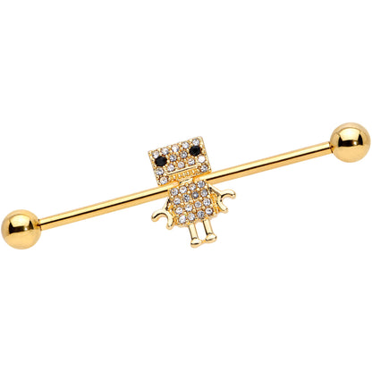 14G Clear Gem Gold Tone Ritzy Robot Industrial Barbell 38mm