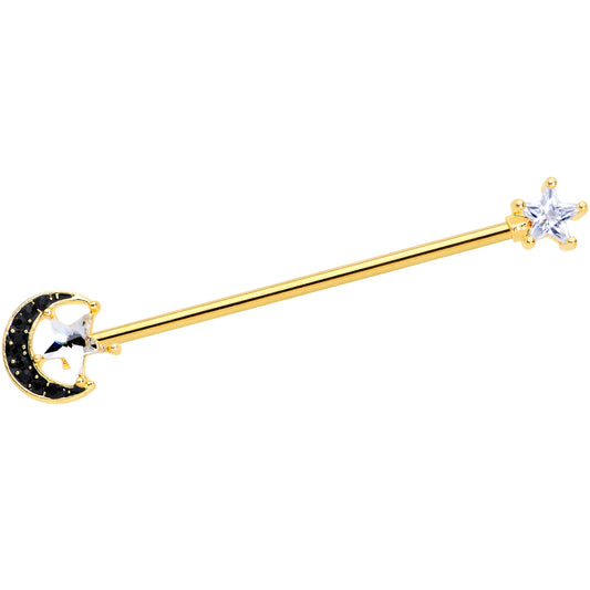 14G Clear CZ Gem Gold Hue Star Black Moon Industrial Barbell 38mm