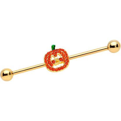 14G Orange Gem Gold Tone Jack O Lantern Industrial Barbell 38mm
