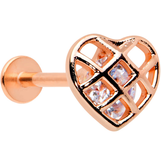 16G 5/16 Clear CZ Gem Rose Gold Tone Cage Heart Labret Tragus