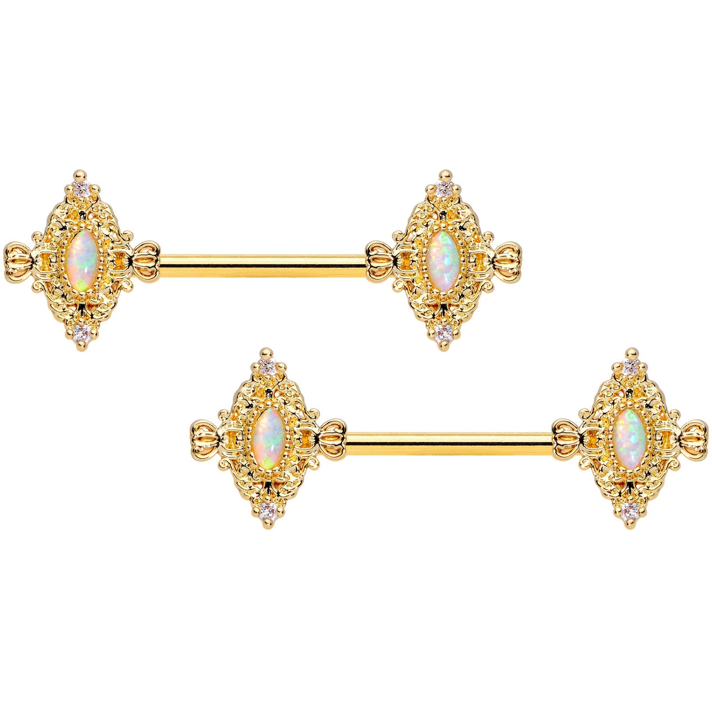 14G 9/16 White Synthetic Opal Gold Tone Barbell Nipple Ring Set