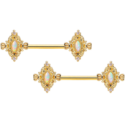 14G 9/16 White Synthetic Opal Gold Tone Barbell Nipple Ring Set
