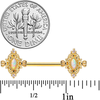 14G 9/16 White Synthetic Opal Gold Tone Barbell Nipple Ring Set